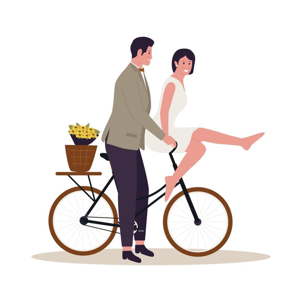 platt design av bröllop par med cykel vektor