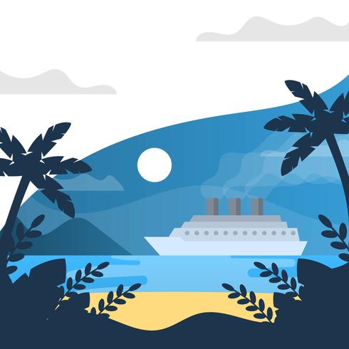 Flat Night Time In Beach And Cruise Med Minimalistisk Gradient Bakgrund Vector Illustration