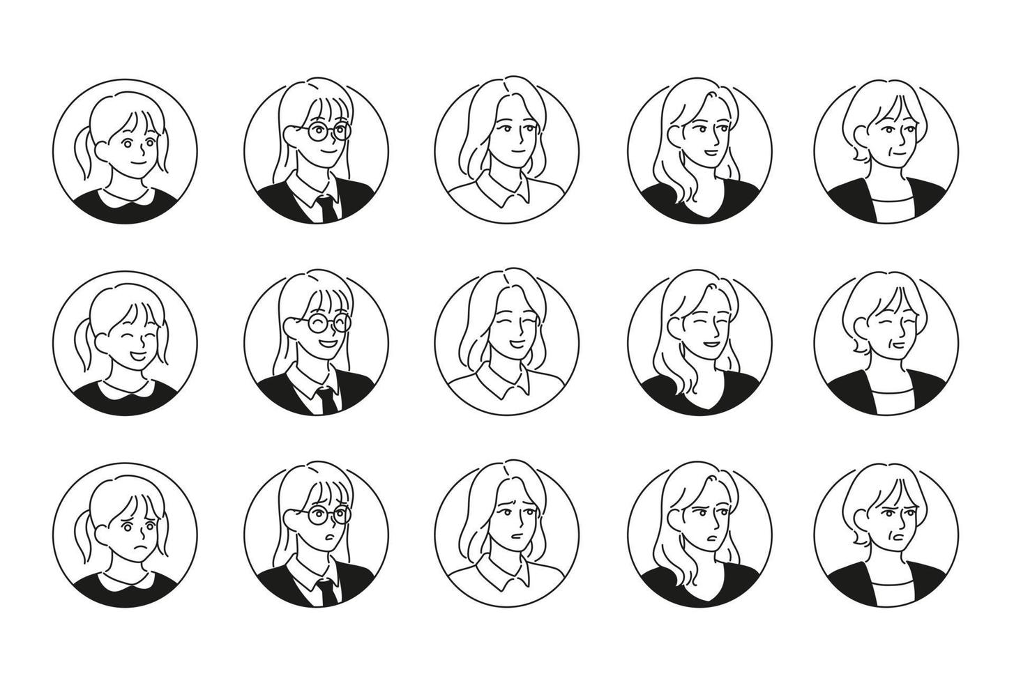 weibliche Gesichtssymbole mit verschiedenen Ausdrücken und Stilen. Hand gezeichnete Art Vektor-Design-Illustrationen. vektor