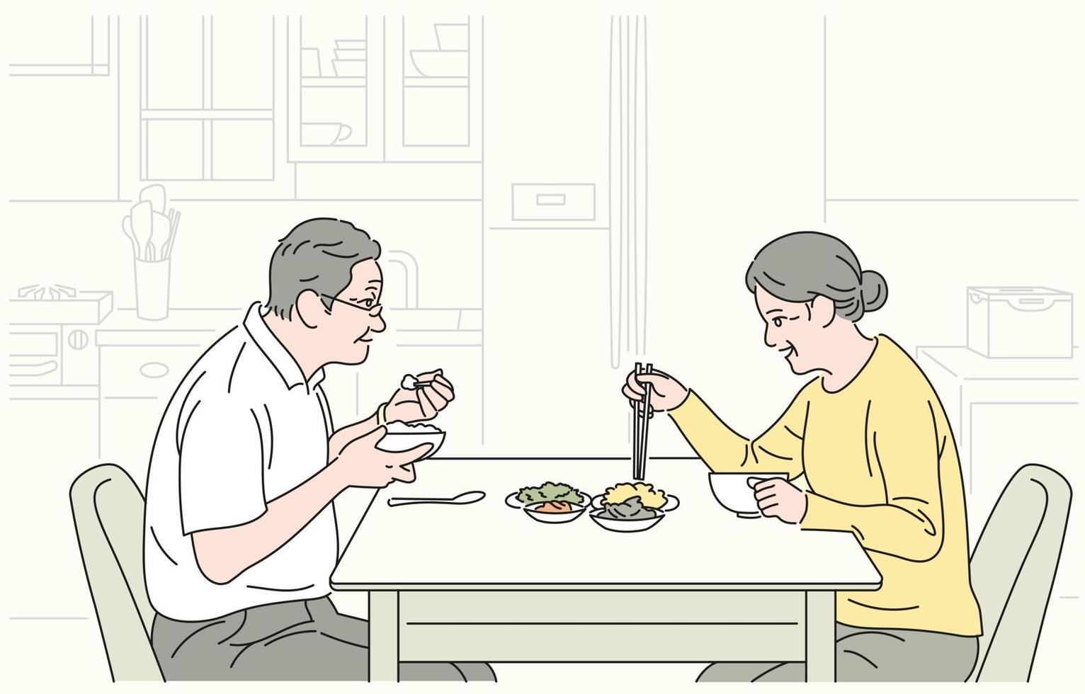 Das alte Ehepaar isst zusammen. Hand gezeichnete Art Vektor-Design-Illustrationen. vektor