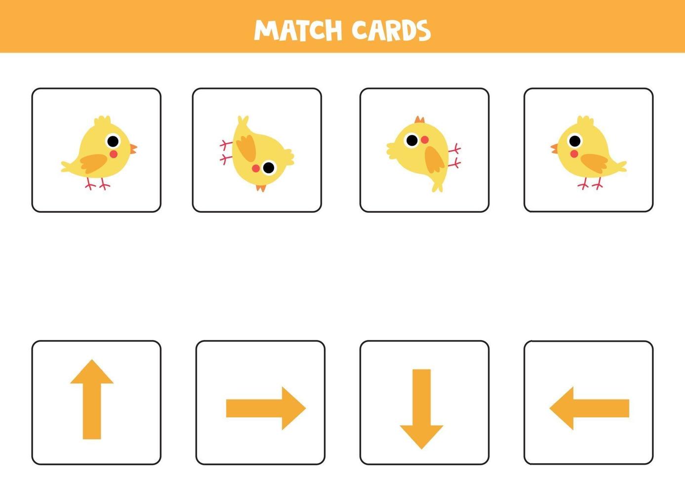 Orientierung für Kinder. Matchkarten mit Pfeilen und niedlichem Cartoonhuhn. vektor