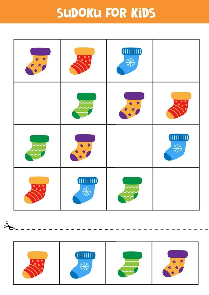 Lernspiel für Kinder. Sudoku für Kinder. süße Socken. vektor