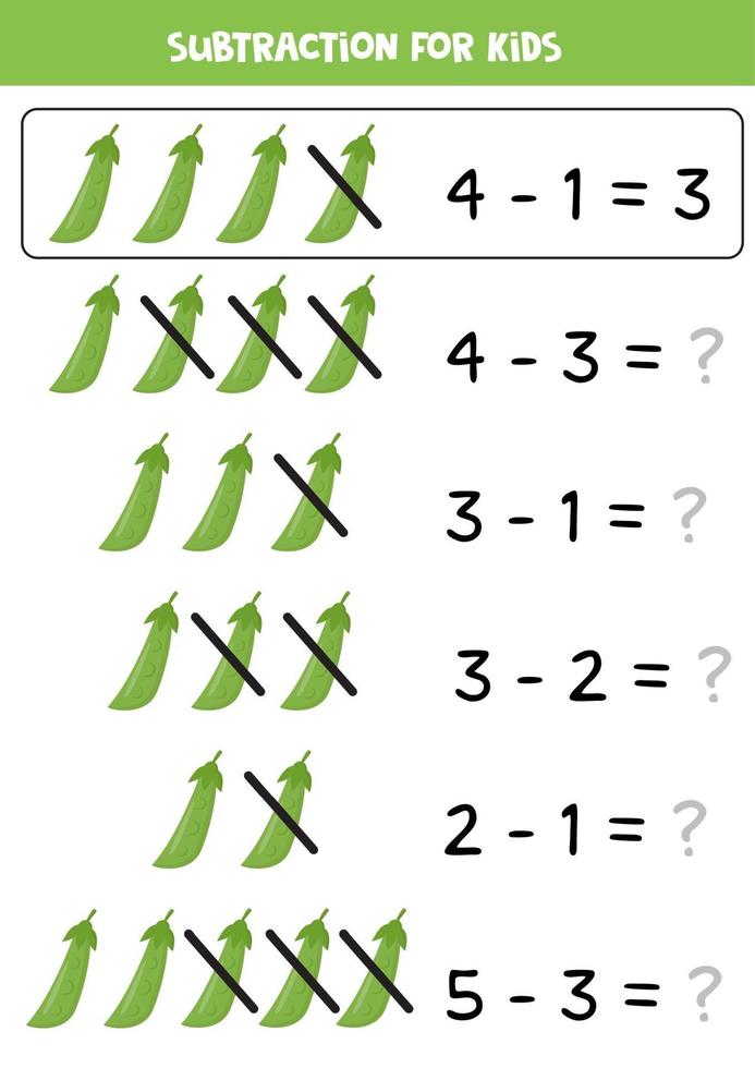 Subtraktion für Kinder. Cartoon grüne Erbsen. Mathe-Spiel. vektor