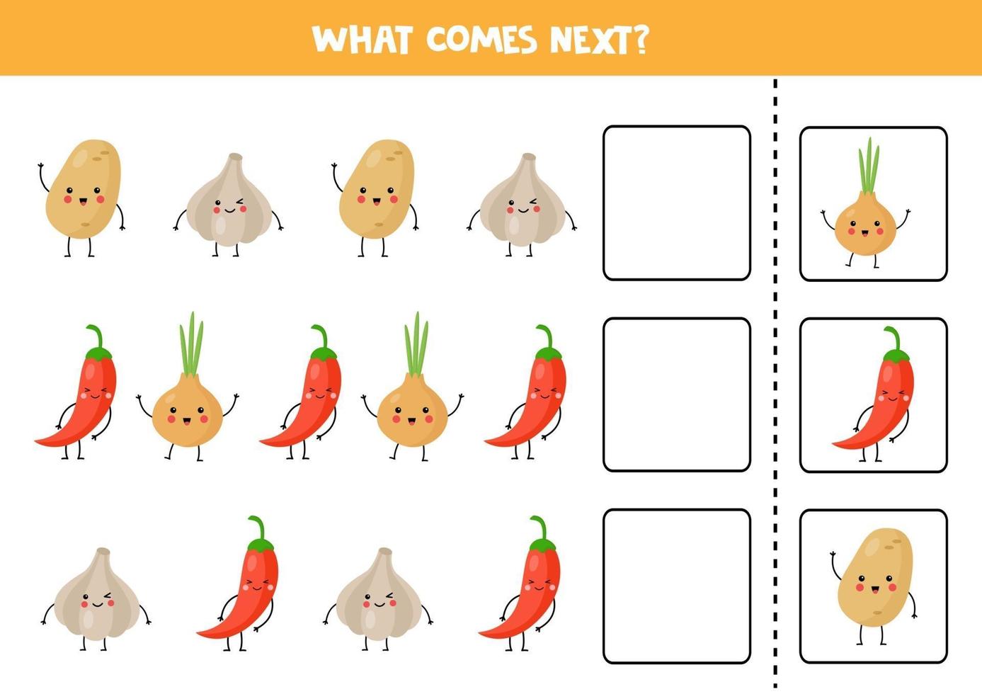 Welches Kawaii-Gemüse kommt als nächstes? pädagogisches logisches Spiel. vektor