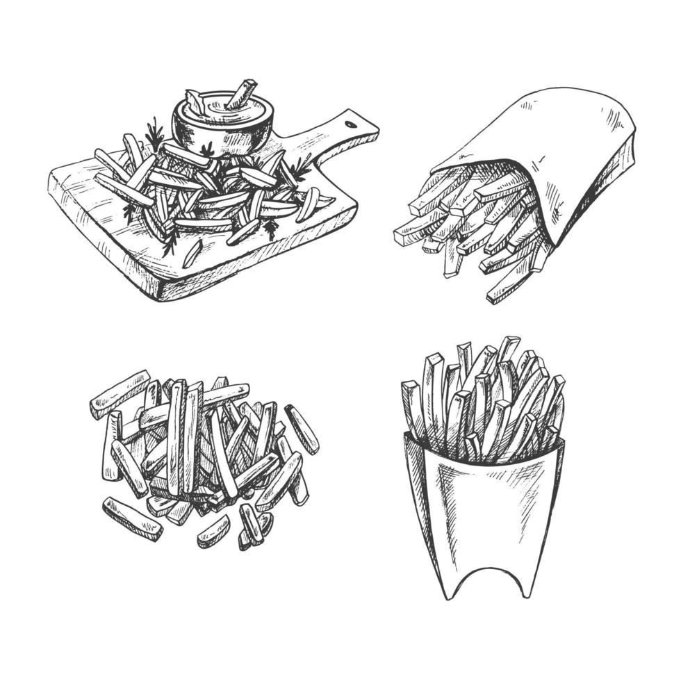 Kartoffel Französisch Fritten Straße Fast Food Speisekarte Hand gezeichnet skizzieren isoliert auf Weiß Hintergrund. Jahrgang Illustration. Element zum das Design von Etiketten, Verpackung und Postkarten vektor