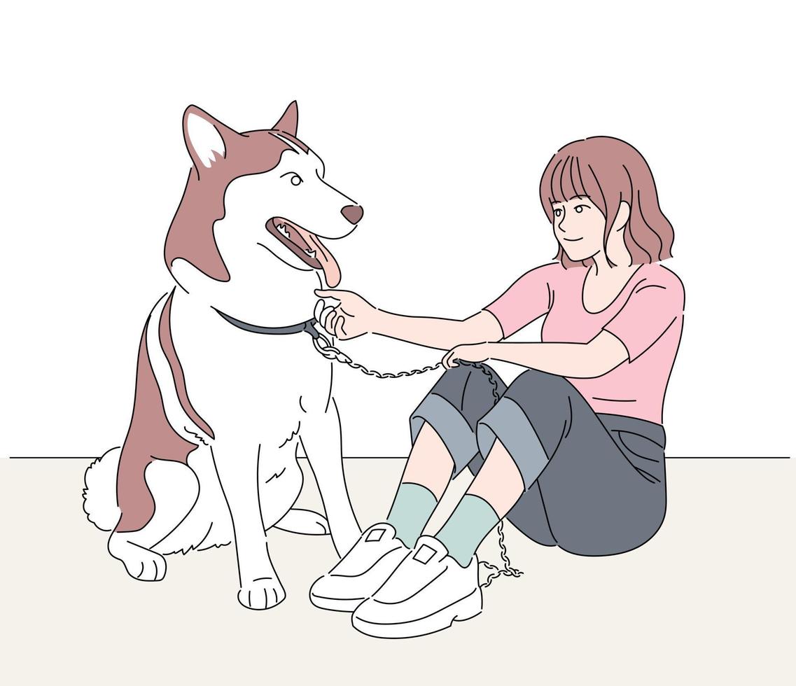 Ein Mädchen und ein Hund sitzen zusammen. Hand gezeichnete Art Vektor-Design-Illustrationen. vektor