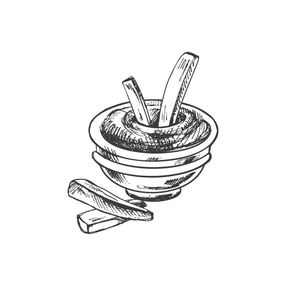 ritad för hand skiss av franska frites potatis med tomat sås isolerat på vit bakgrund. snabb mat illustration. årgång teckning. element för de design av etiketter, förpackning och vykort. vektor