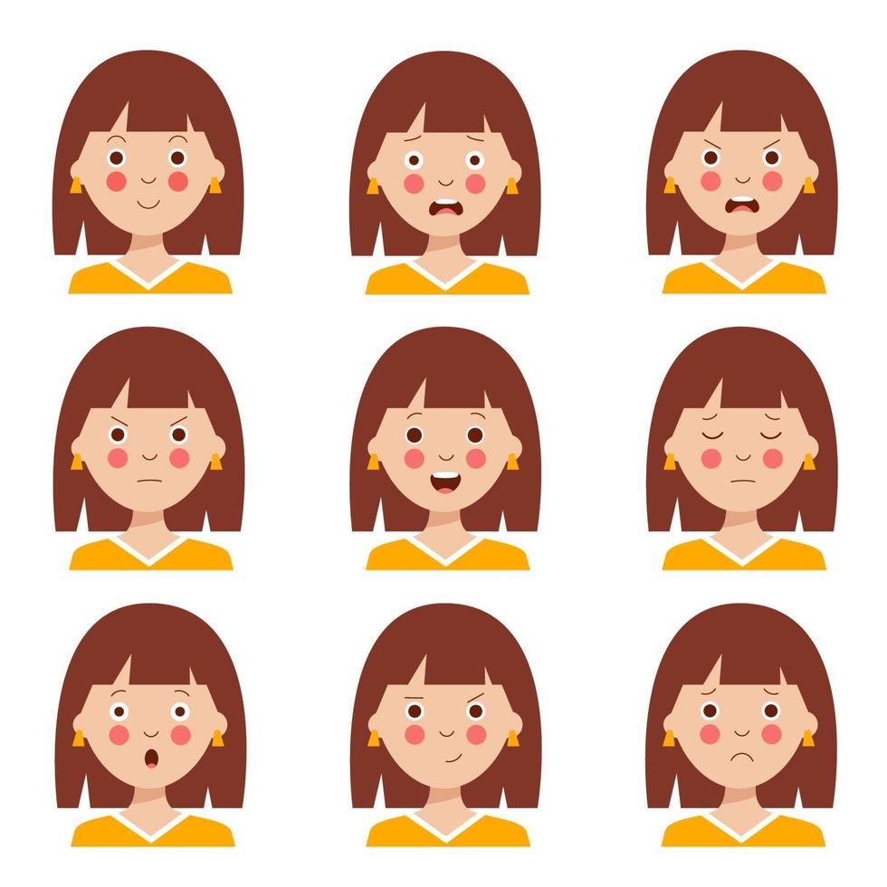 Satz von verschiedenen Gesichtsausdrücken des niedlichen Cartoon braunhaarigen Mädchens. vektor