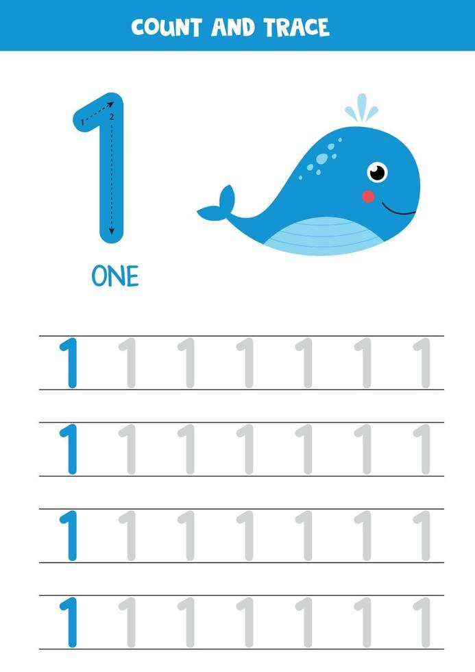 Arbeitsblatt zum Lernen von Zahlen mit Cartoon-Seewalen. Nummer Eins. vektor