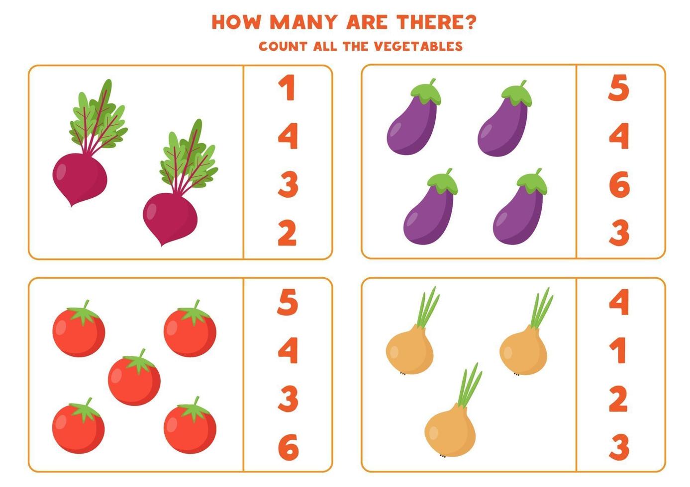 Zähle das ganze Gemüse. Rote Beete, Tomaten, Auberginen und Zwiebeln. vektor