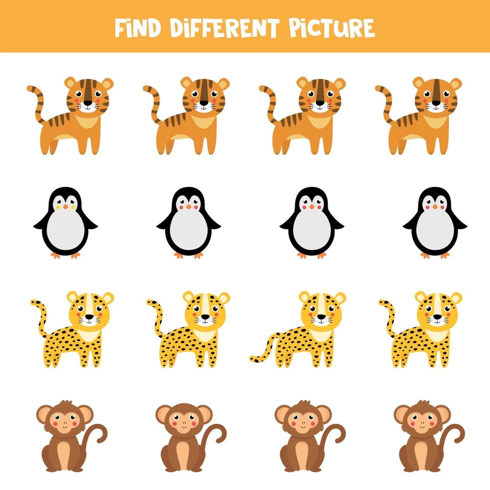 Finde in jeder Reihe ein anderes Tier. niedlicher Cartoonaffe, Tiger, Leopard, Pinguin. vektor