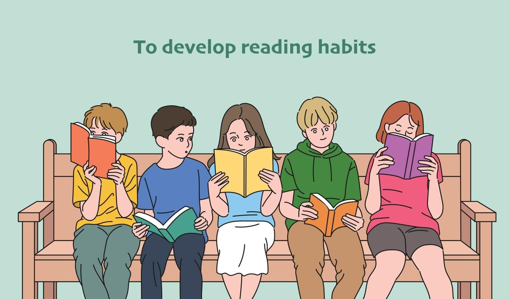 süße Kinder lesen zusammen Bücher, die auf einer Bank sitzen. Hand gezeichnete Art Vektor-Design-Illustrationen. vektor