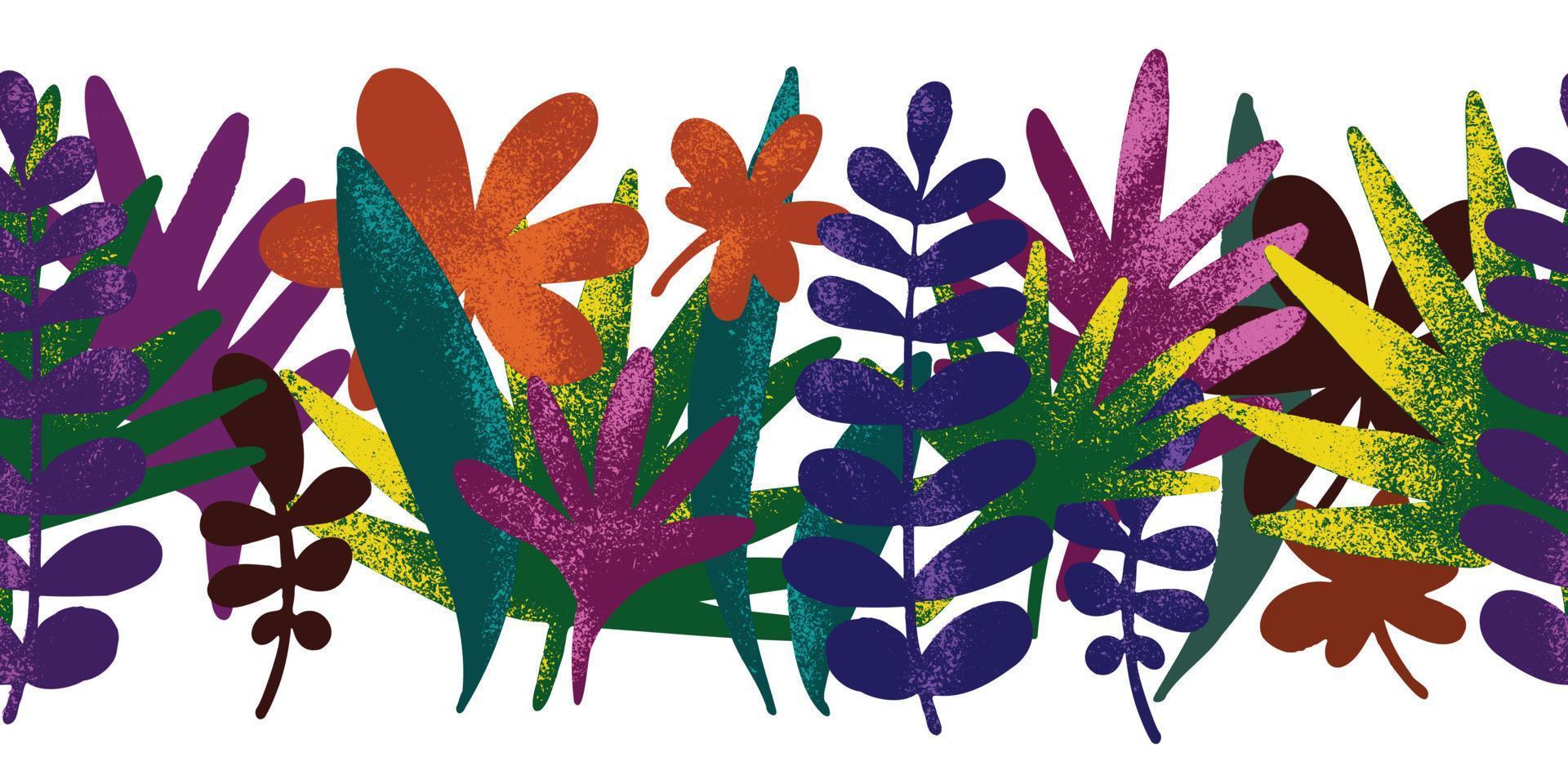 sömlös gräns mönster med dragen tropisk löv, färgrik konstnärlig botanisk illustration. blommig bakgrund. modern botanisk minimalistisk illustration med textur. vektor