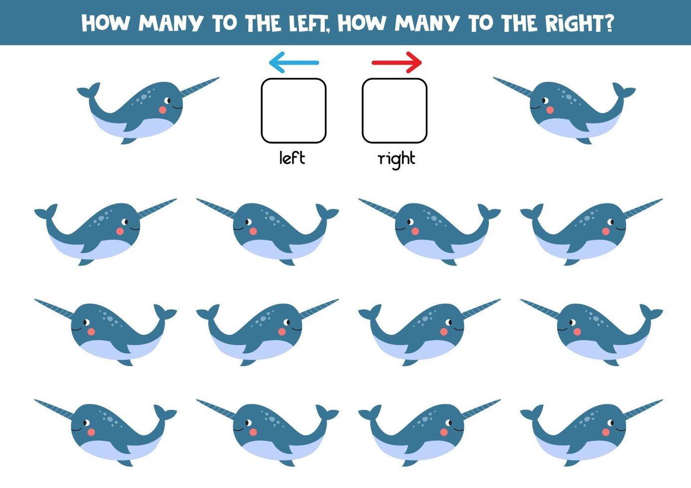 vänster eller höger. rumslig orientering för barn. söt tecknad blå narval. vektor
