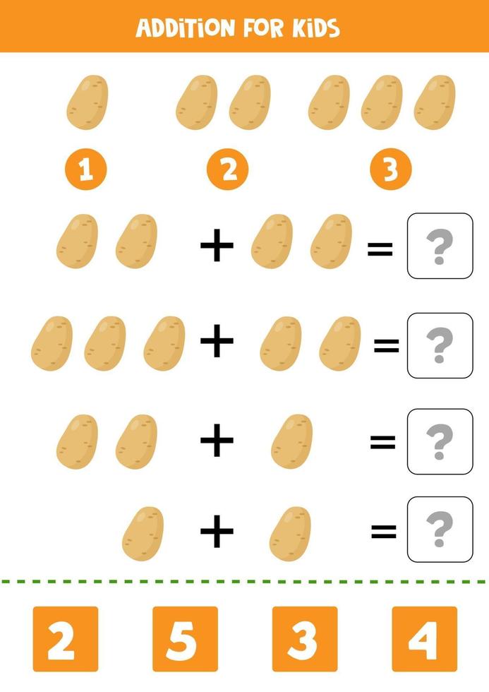 Zugabe mit Kartoffel. löse die Gleichung. Mathe-Spiel für Kinder. vektor