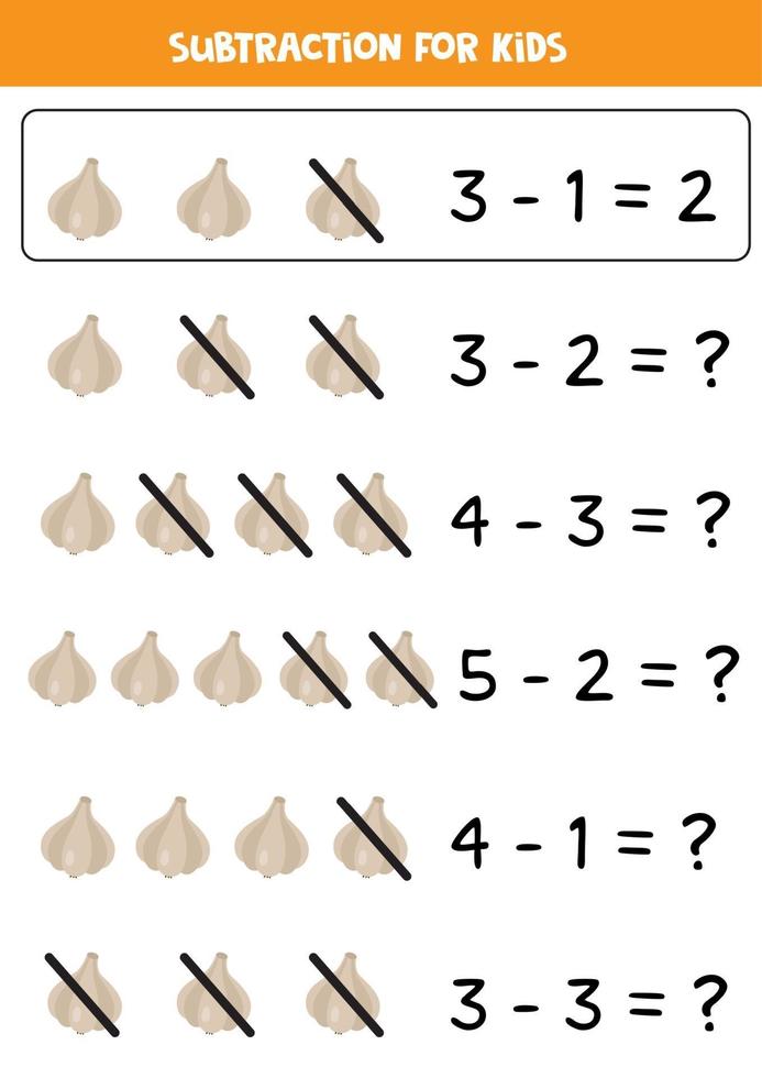 Subtraktion für Kinder im Vorschul- und Schulalter mit süßem Cartoon-Knoblauch. vektor