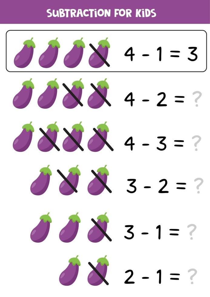 Subtraktionsspiel mit Cartoon-Auberginen. pädagogisches Arbeitsblatt. vektor