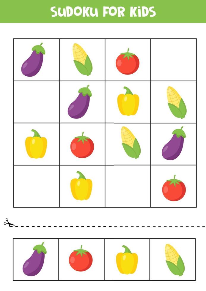 sudoku-spel med aubergine, majs, tomat och peppar. vektor