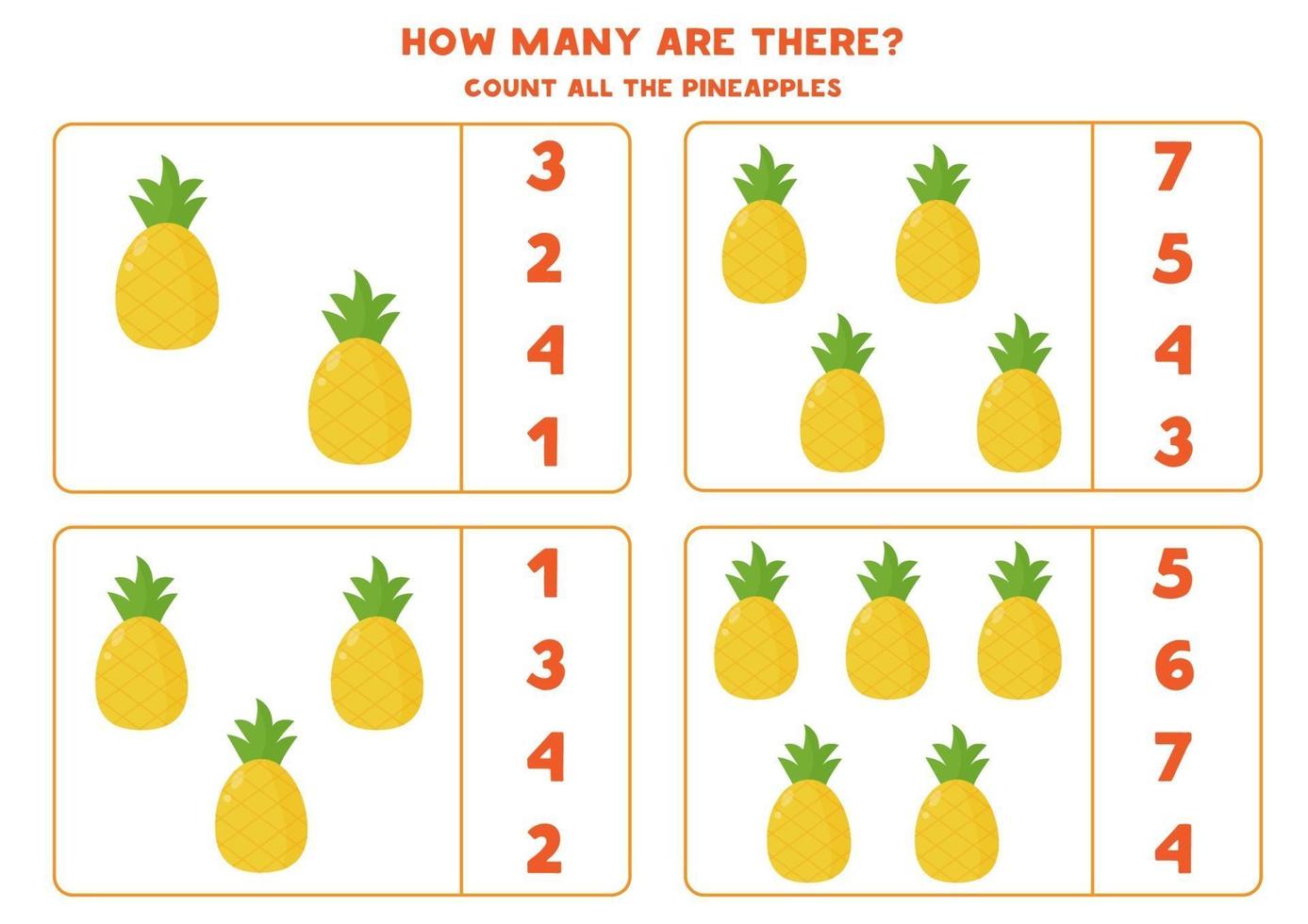 hur många ananas det finns. räkna och cirkel rätt svar. vektor