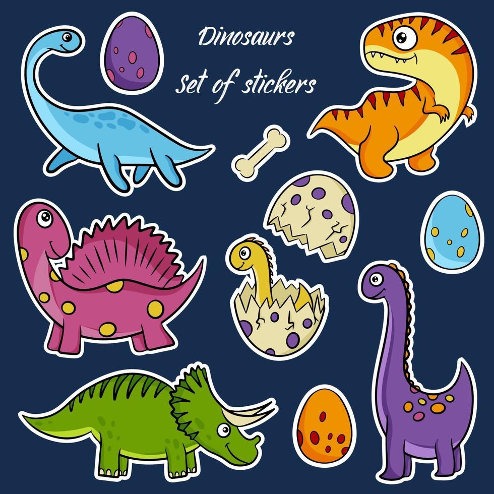 Hand gezeichnete Vektoraufkleber der niedlichen Dinosaurier im Karikaturstil. Dino flache Cliparts. Vektorillustration. vektor