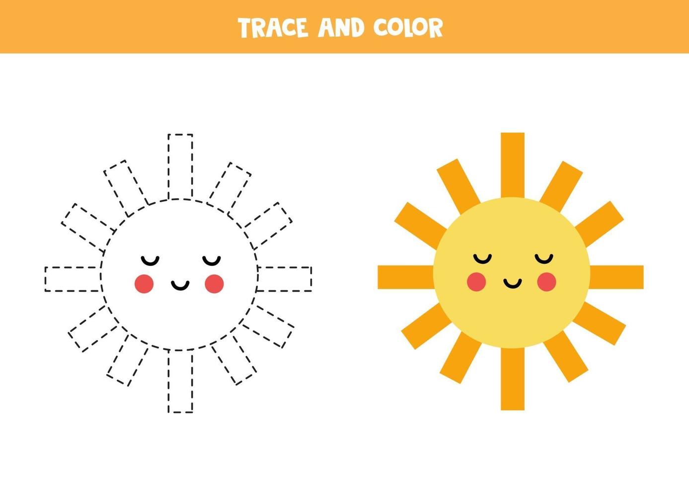 Spur und Farbe niedliche Sonne. Arbeitsblatt für Kinder. vektor