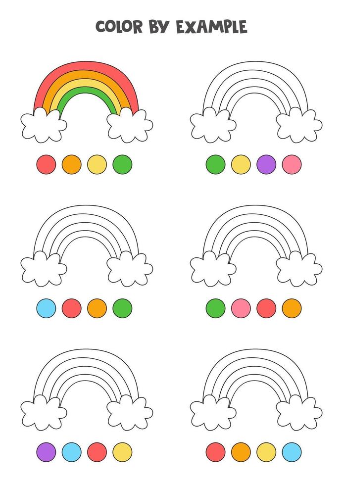 färga söta regnbågar med exempel. kalkylblad för barn. vektor