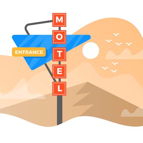 Flat Vintage Sign Of Motel Med Minimalistisk Gradient Landskap Vektor Bakgrund Illustration