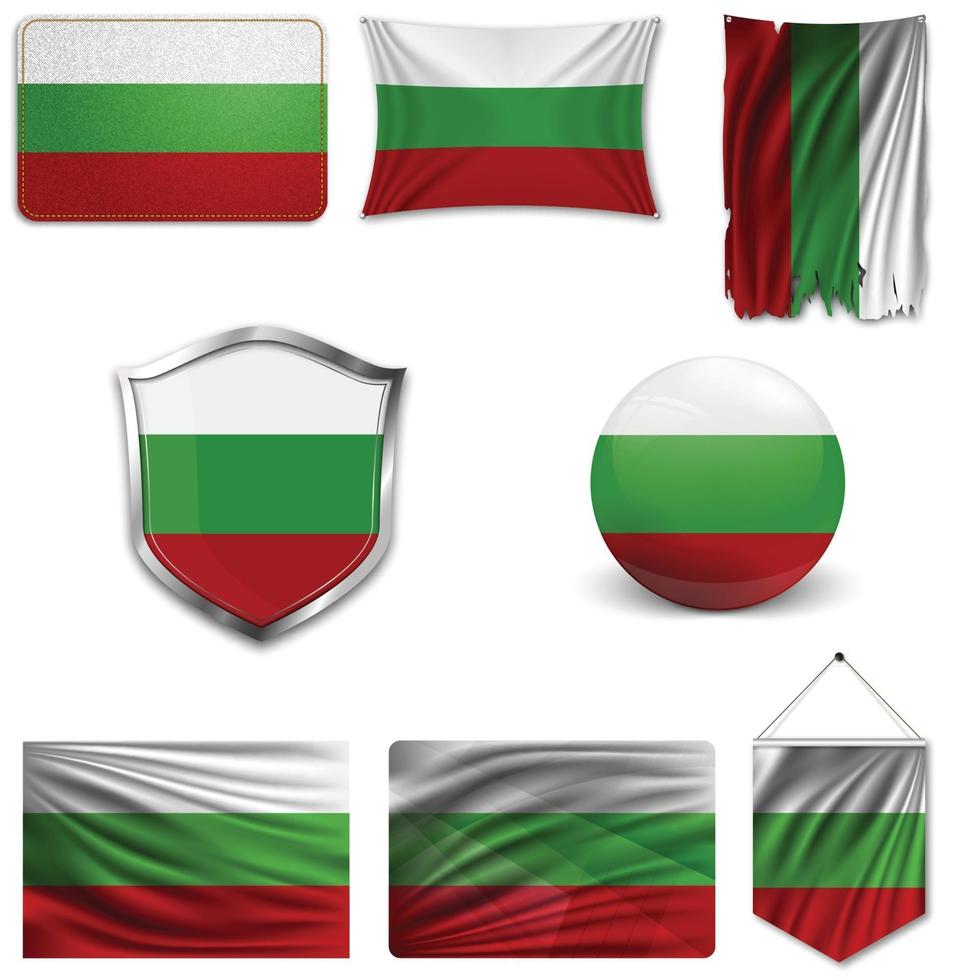 Satz der Nationalflagge von Bulgarien in verschiedenen Designs auf weißem Hintergrund. realistische Vektorillustration. vektor