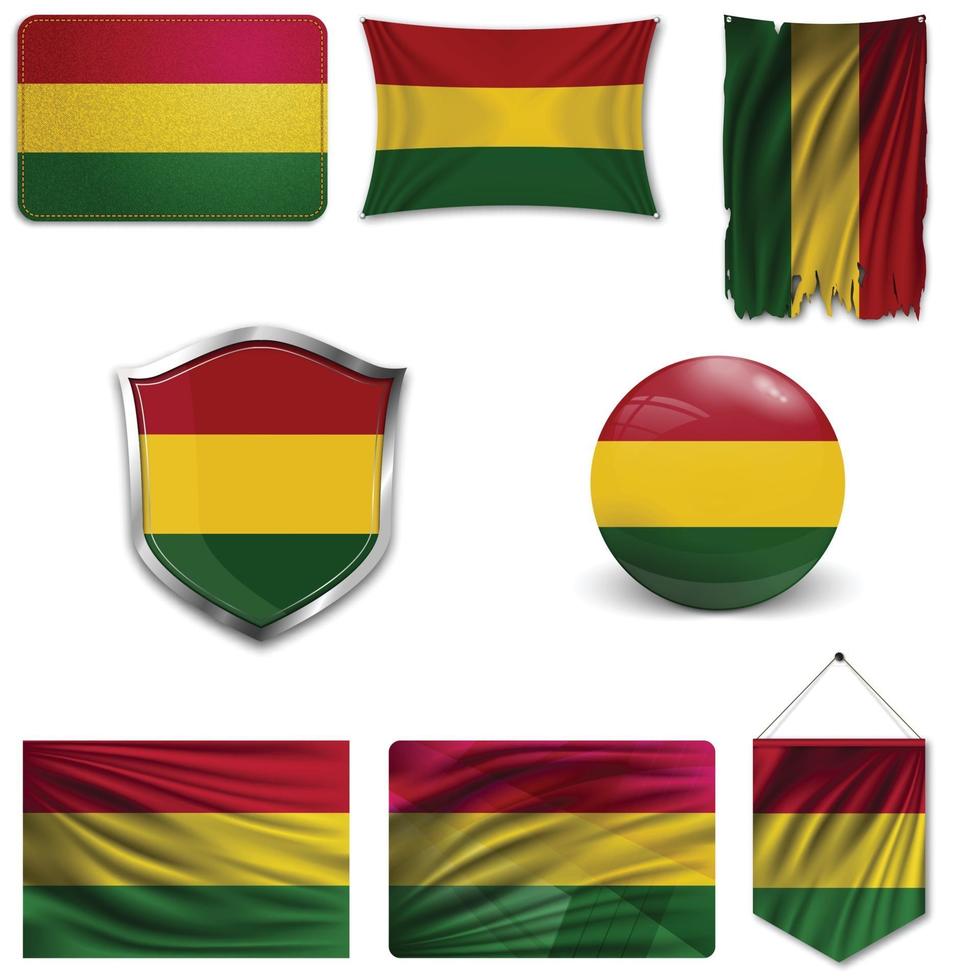 Satz der Nationalflagge von Bolivien in verschiedenen Mustern auf einem weißen Hintergrund. realistische Vektorillustration. vektor