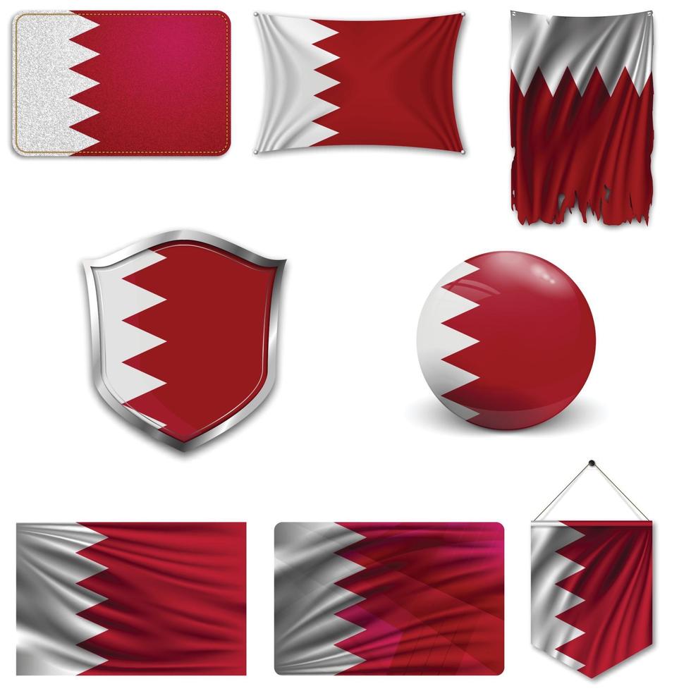 Satz der Nationalflagge von Bahrain in verschiedenen Designs auf weißem Hintergrund. realistische Vektorillustration. vektor