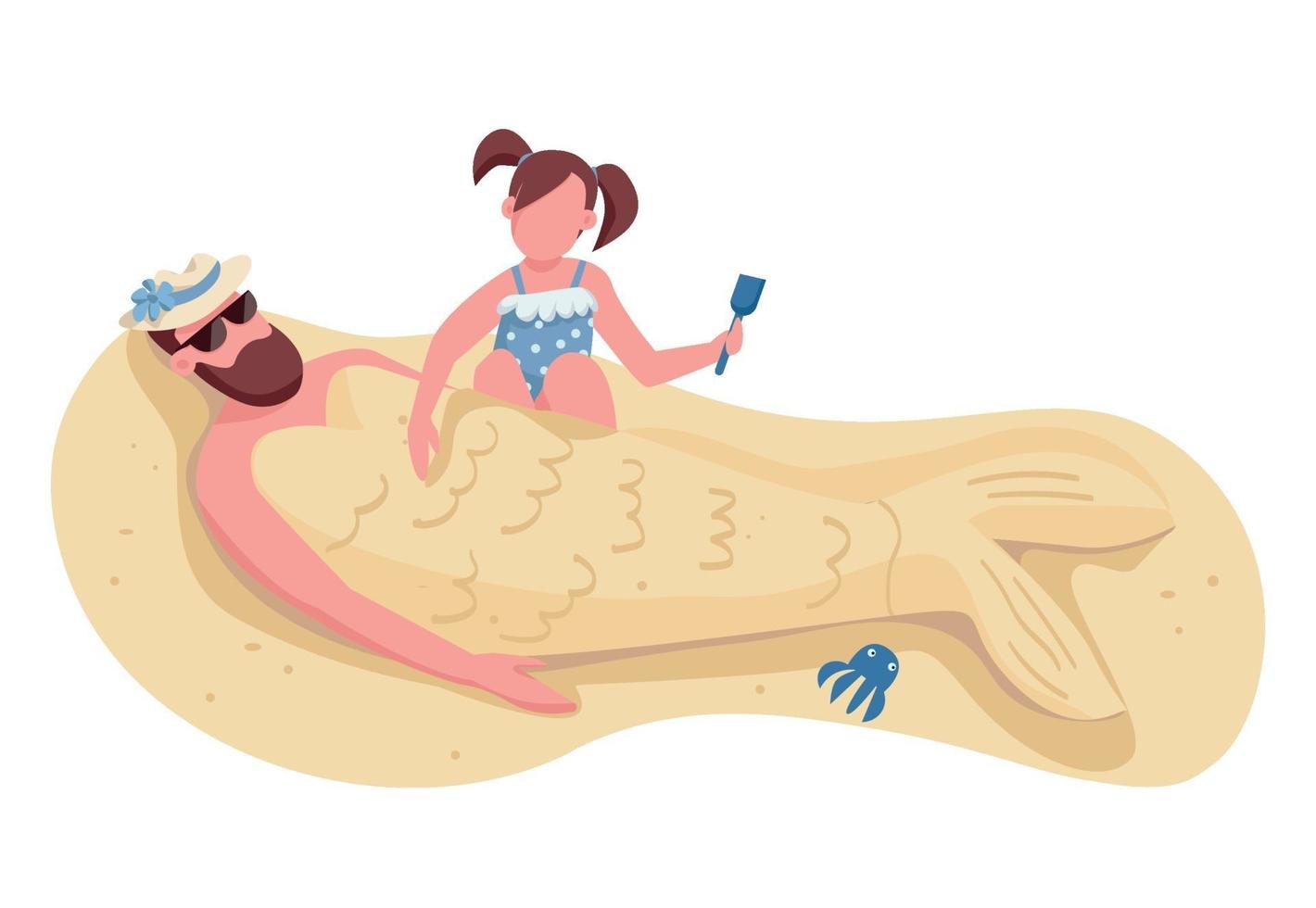 Tochter begräbt Papa in Sand flachen Farbvektor gesichtslosen Zeichen. Familiensommerzeitunterhaltung, Erholung am Strand isolierte Zeichentrickfilmillustration für Webgrafikdesign und -animation vektor