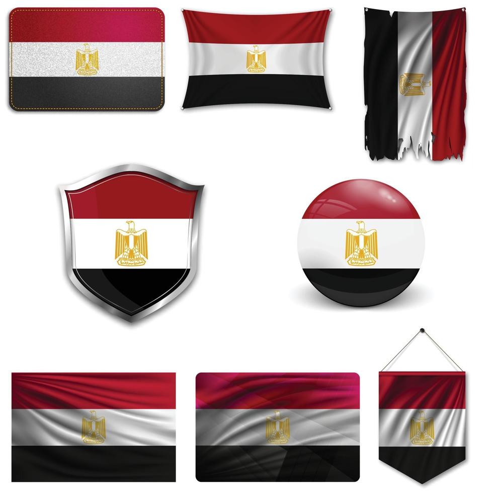 Satz der Nationalflagge von Ägypten in verschiedenen Designs auf weißem Hintergrund. realistische Vektorillustration. vektor