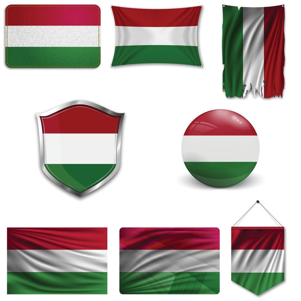 Satz der Nationalflagge von Ungarn in verschiedenen Mustern auf einem weißen Hintergrund. realistische Vektorillustration. vektor