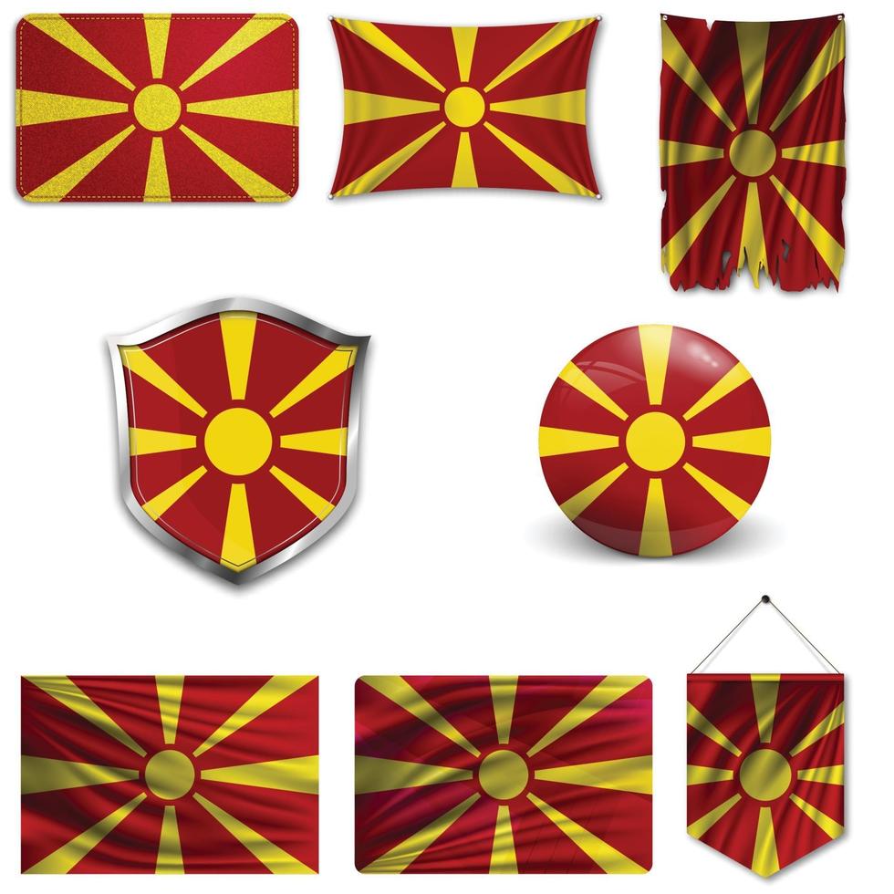 Satz der Nationalflagge von Mazedonien in verschiedenen Designs auf weißem Hintergrund. realistische Vektorillustration. vektor