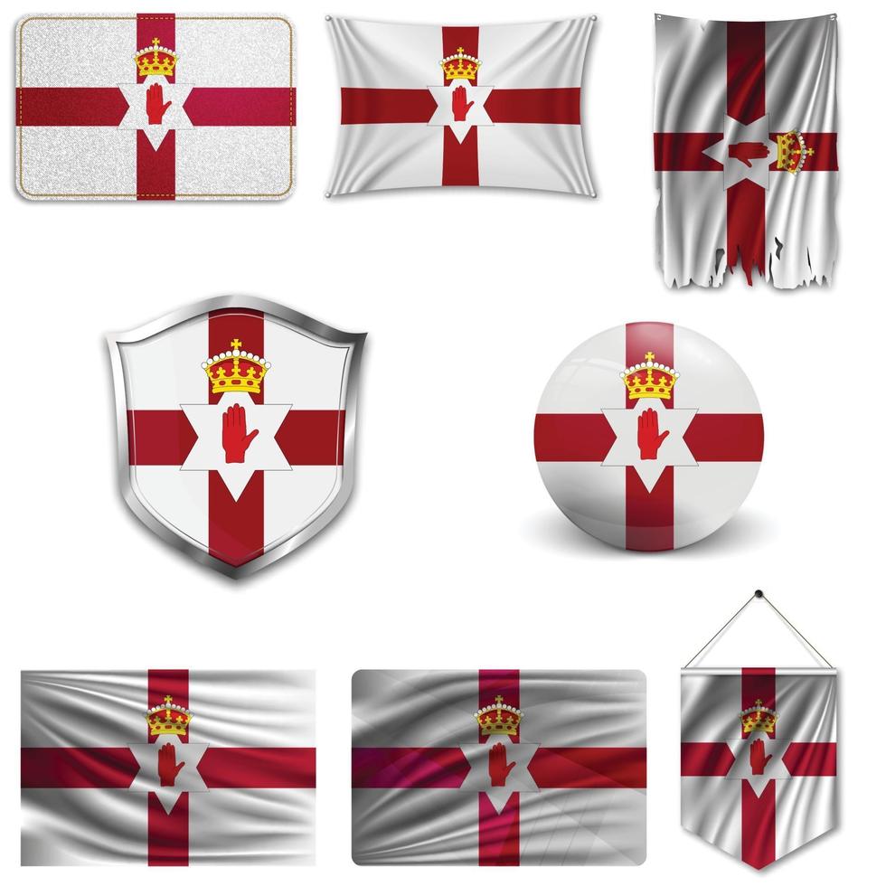 Satz der Nationalflagge von Nordirland in verschiedenen Mustern auf einem weißen Hintergrund. realistische Vektorillustration. vektor