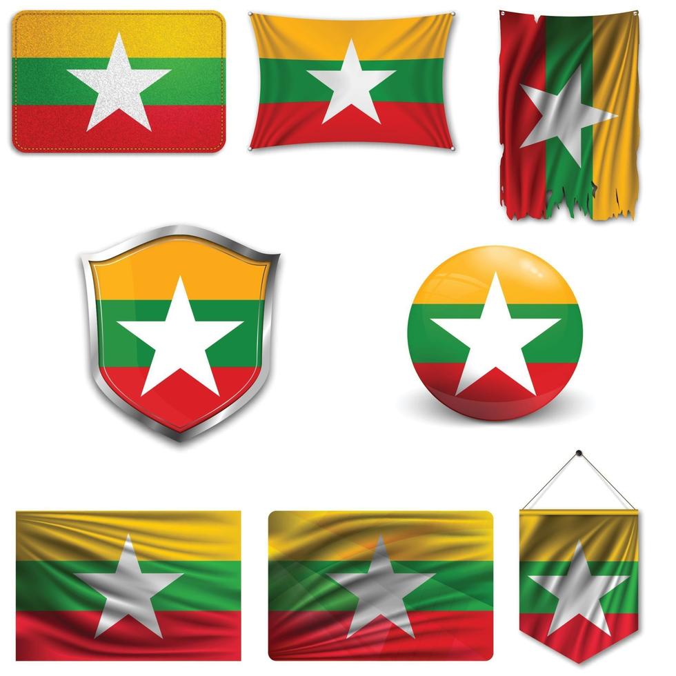 Satz der Nationalflagge von Myanmar in verschiedenen Designs auf weißem Hintergrund. realistische Vektorillustration. vektor