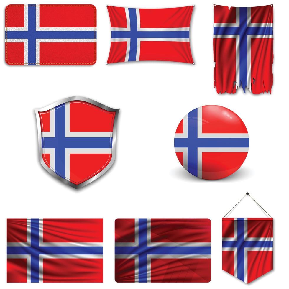 Satz der Nationalflagge von Norwegen in verschiedenen Designs auf weißem Hintergrund. realistische Vektorillustration. vektor