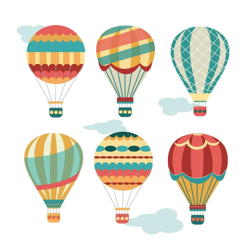 ballonger med en korg. gammal luft transport, färgrik flyg ikoner. äventyr, flygande i de himmel i en varm luft ballong. vektor