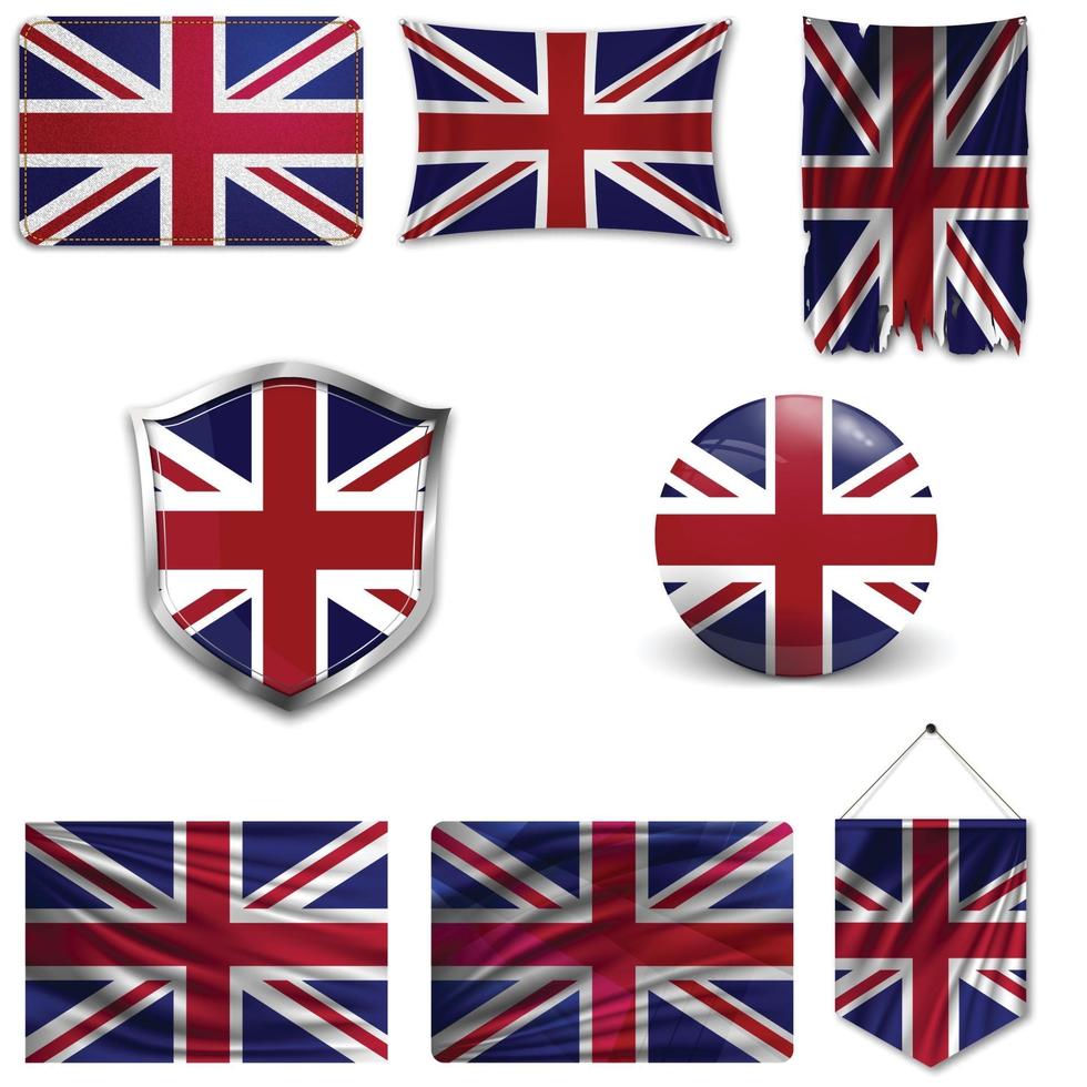 Satz der Nationalflagge von Großbritannien in verschiedenen Designs auf weißem Hintergrund. realistische Vektorillustration. vektor