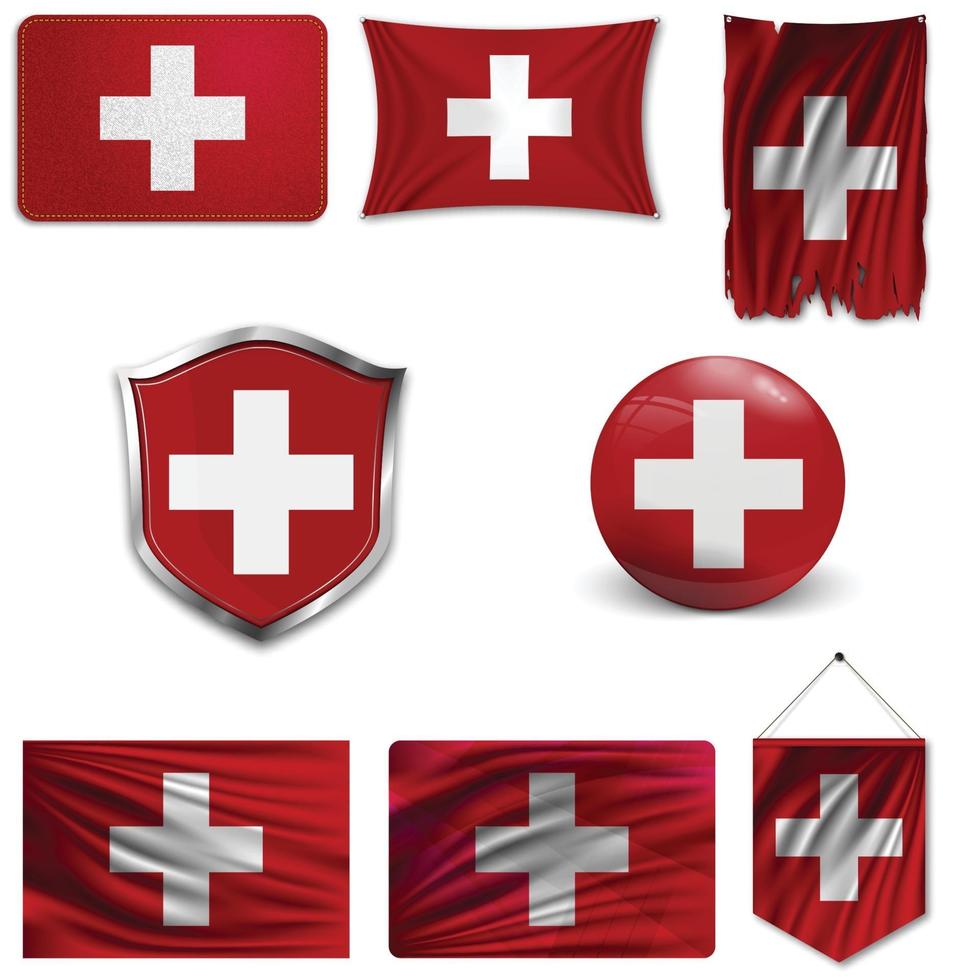 Satz der Nationalflagge der Schweiz in verschiedenen Designs auf weißem Hintergrund. realistische Vektorillustration. vektor