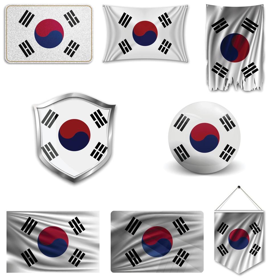 uppsättning av Sydkoreas nationella flagga i olika mönster på en vit bakgrund. realistisk vektorillustration. vektor