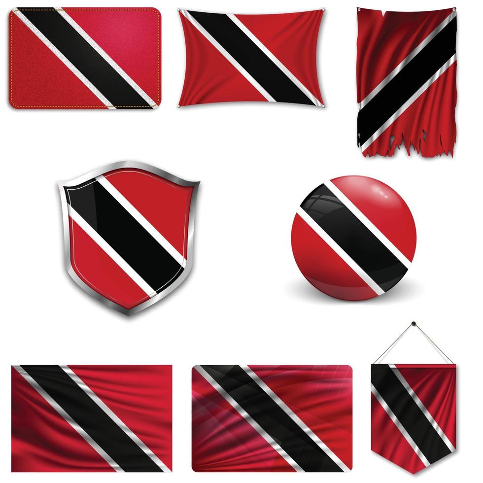 Satz der Nationalflagge von Trinidad und Tobago in verschiedenen Mustern auf einem weißen Hintergrund. realistische Vektorillustration. vektor