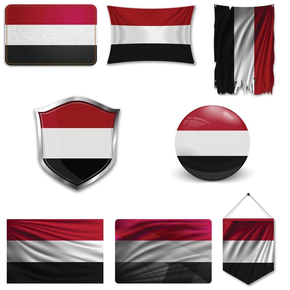 Satz der Nationalflagge des Jemen in verschiedenen Designs auf weißem Hintergrund. realistische Vektorillustration. vektor