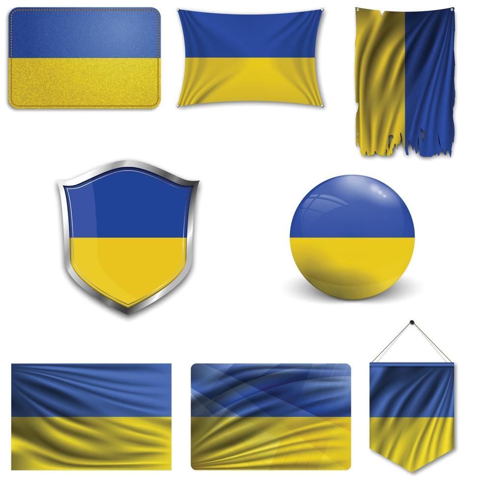 Satz der Nationalflagge der Ukraine in verschiedenen Designs auf weißem Hintergrund. realistische Vektorillustration. vektor