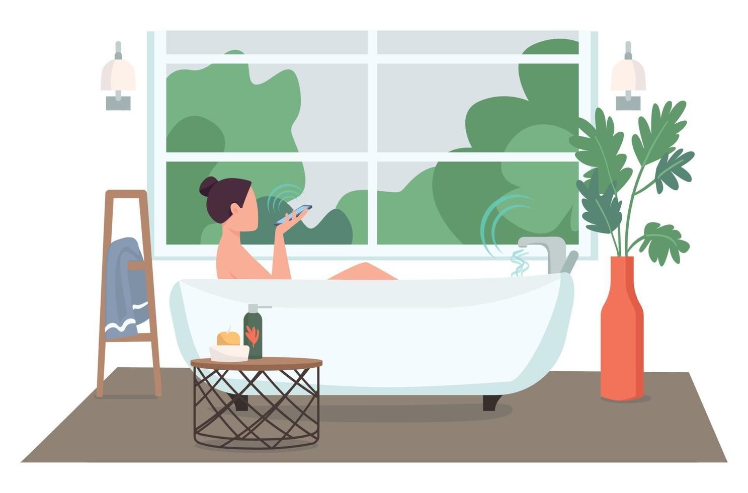 Frau im automatisierten Badezimmerflachfarbvektor gesichtslosen Charakter. junge Dame mit Smartphone beim Baden. Cartoon-Illustration zur Steuerung der Smart Home-Technologie für Webgrafikdesign und -animation vektor