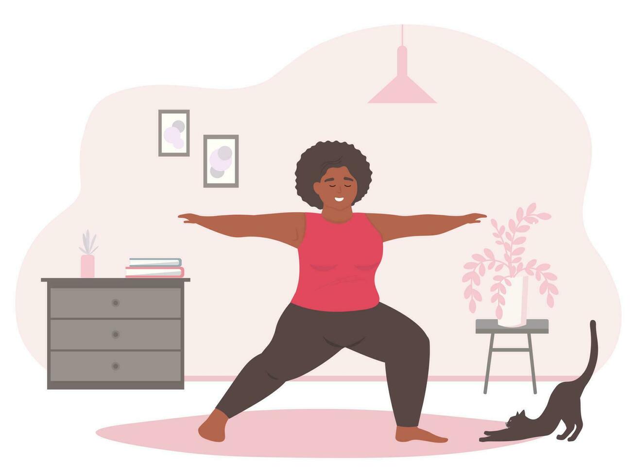knubbig kvinna håller på med yoga, mediterar i en rum på Hem. fett aktiva övning för balans, vikt förlust. vektor platt grafik.