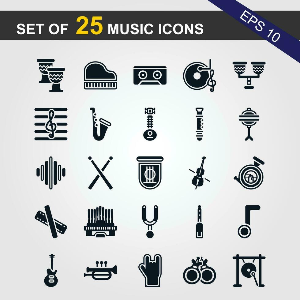 25 einfach einstellen von Musik- verbunden Vektor Linie Symbole. enthält eine solche Symbole wie Gitarre, verdreifachen Notenschlüssel, im Ohr Kopfhörer, Trompete und Mehr