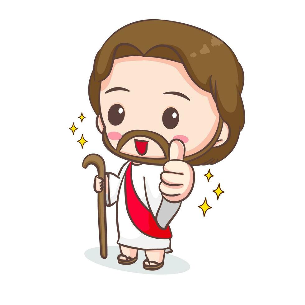 süß Jesus Christus Karikatur Charakter zeigen Daumen hoch. Christian Religion Konzept Design. Hand gezeichnet Chibi Charakter Clip Kunst Aufkleber isoliert Weiß Hintergrund. Vektor Kunst Illustration