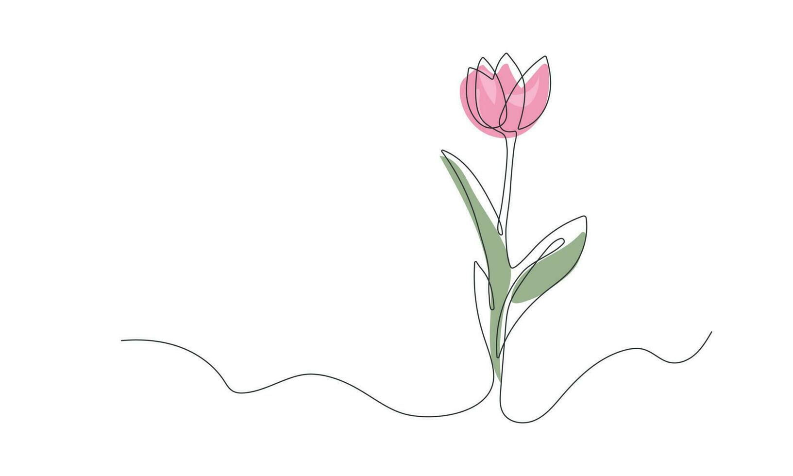 tulpan hand dragen blomma kontinuerlig. vår blomma med löv ett linje. botanisk dekorativ teckning element. vektor illustration