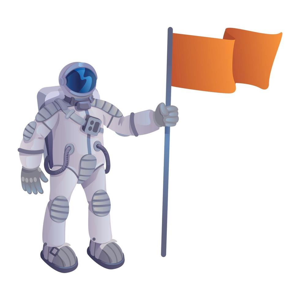 Kosmonaut mit Flaggenkarikaturvektorillustration. Astronaut im Raumanzug, Raumfahrer hält Wimpel. gebrauchsfertige 2D-Zeichenvorlage für Werbe-, Animations- und Druckdesign. isolierter Comic-Held vektor